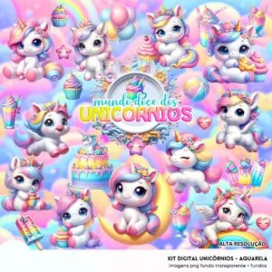 Ilustrações Mundo Doce dos Unicórnios Aquarela Kit Digital 16 Ilustrações Mundo Doce dos Unicórnios Aquarela Kit Digital