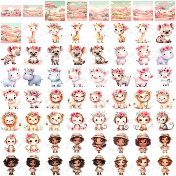 Ilustrações Safari Rosa Aquarela Cute 3D Fofo Imagens Png