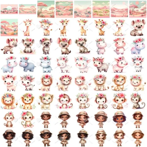 Ilustrações Safari Rosa Aquarela Cute 3D Fofo Imagens Png