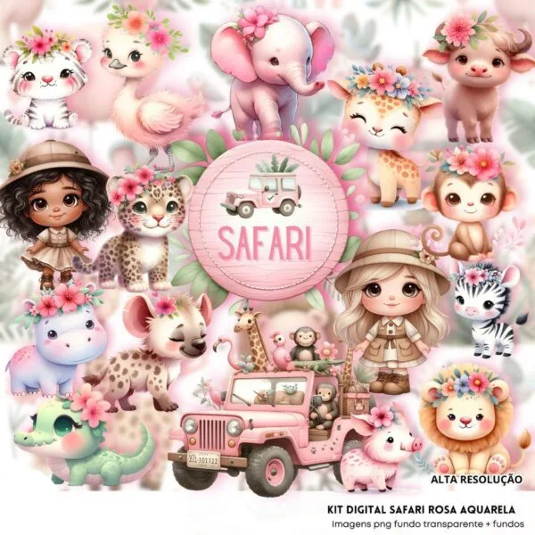 Ilustrações Safari Rosa Aquarela Cute 3D Fofo Imagens Png