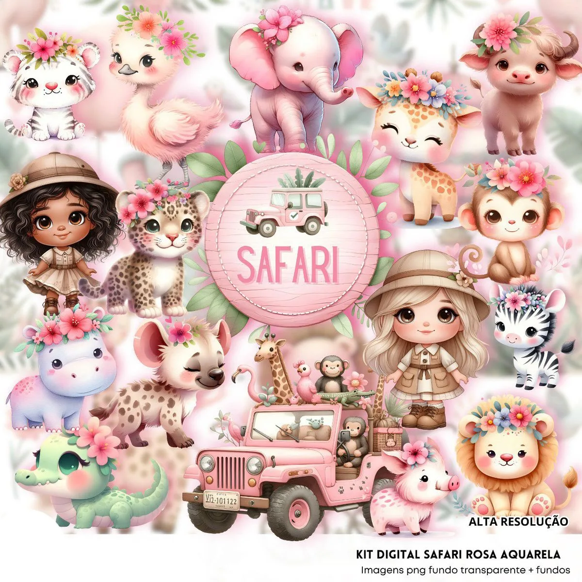 Ilustrações Safari Rosa Aquarela Cute 3D Fofo Imagens Png