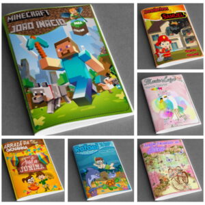 Seis artes digitais para capas de livros de colorir com temas infantis variados.