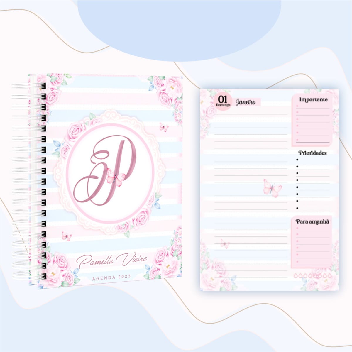 Kit Agenda Floral Azul e Rosa Digital para Criar Planners 2 Arte digital de agenda e planner diário com design floral e listrado em tons pastel.