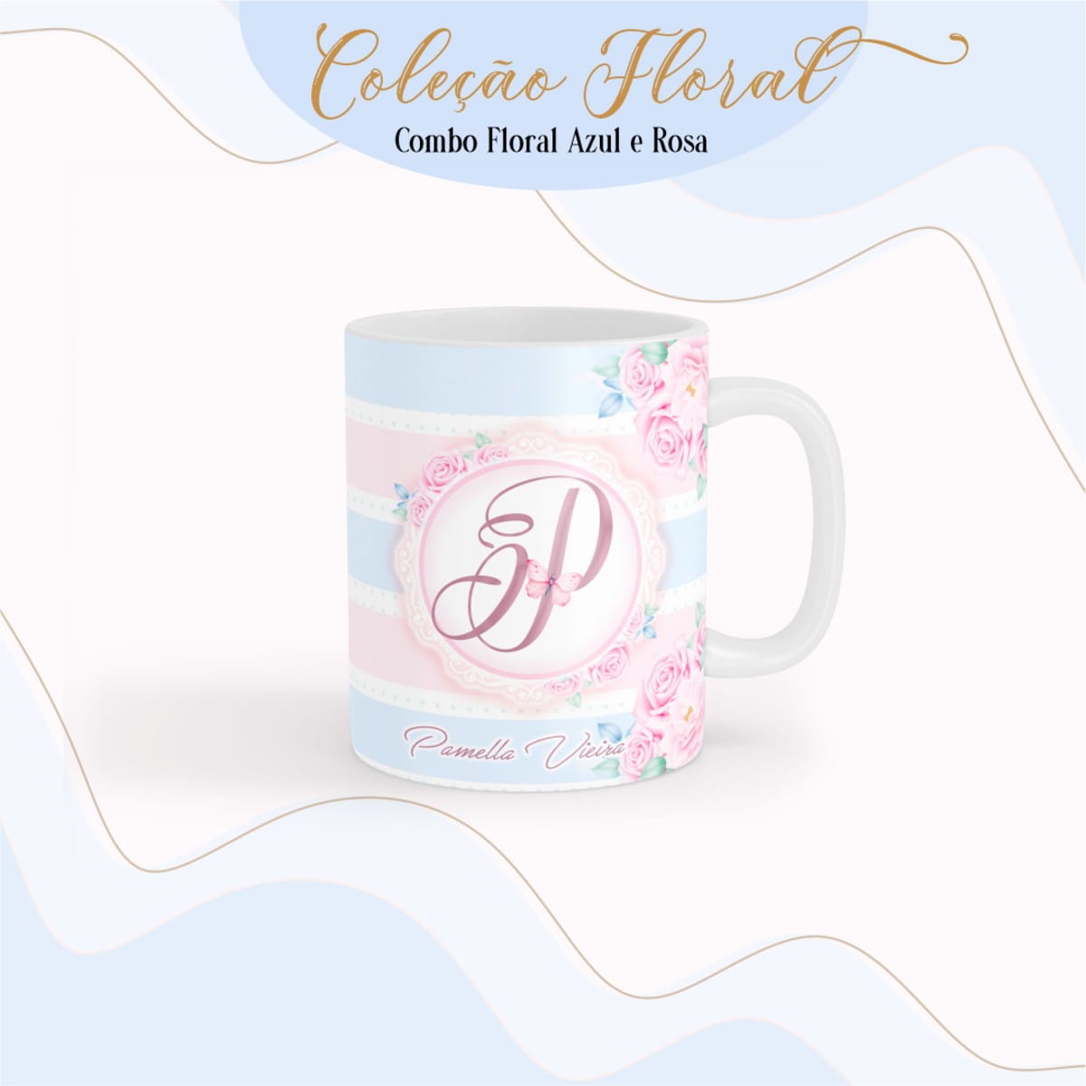 Kit Agenda Floral Azul e Rosa Digital para Criar Planners 3 Arte digital de caneca com design floral azul e rosa e a letra P.