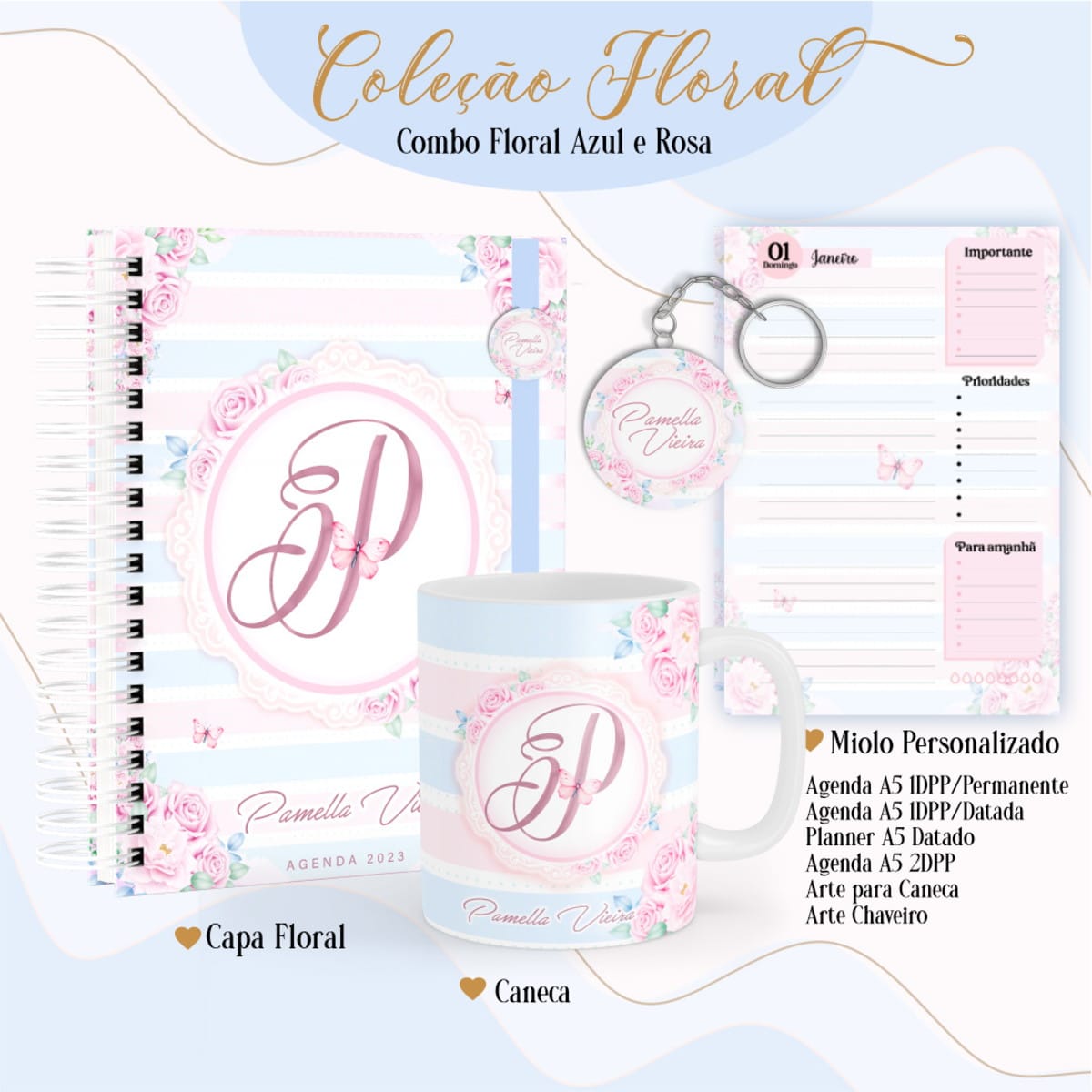 Kit Agenda Floral Azul e Rosa Digital para Criar Planners 1 Arte digital floral rosa e azul para capa de agenda, caneca e planner.