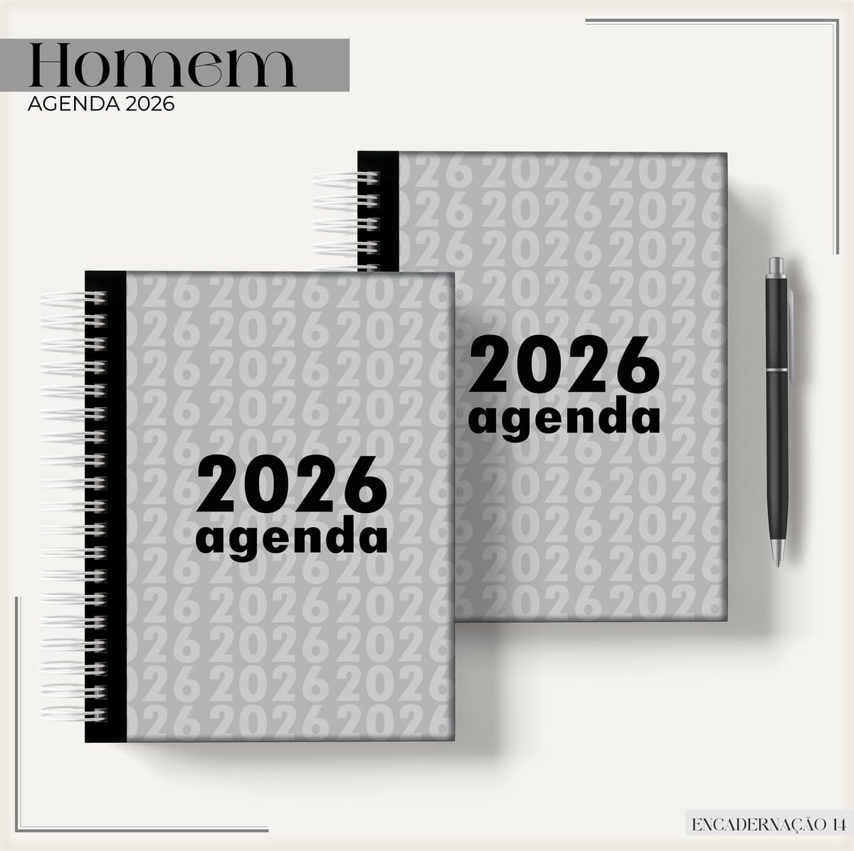 Kit Agenda Masculina 2026 Cinza Arquivo Digital 1 Duas agendas espiraladas com estampa repetida do ano 2026 e uma caneta preta.