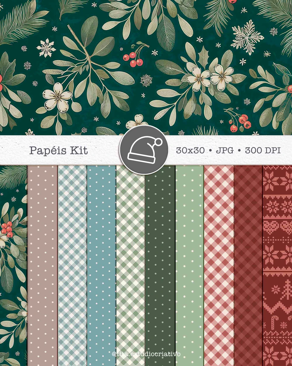 Kit Artes Natalinas Magic Christmas - Alta Qualidade em PNG 2 Coleção de papéis digitais com motivos de Natal, padrões geométricos e florais festivos.