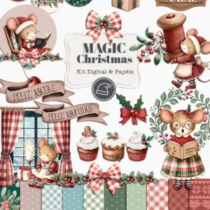 Coleção de ilustrações digitais com tema natalino contendo camundongos e elementos decorativos de Natal.