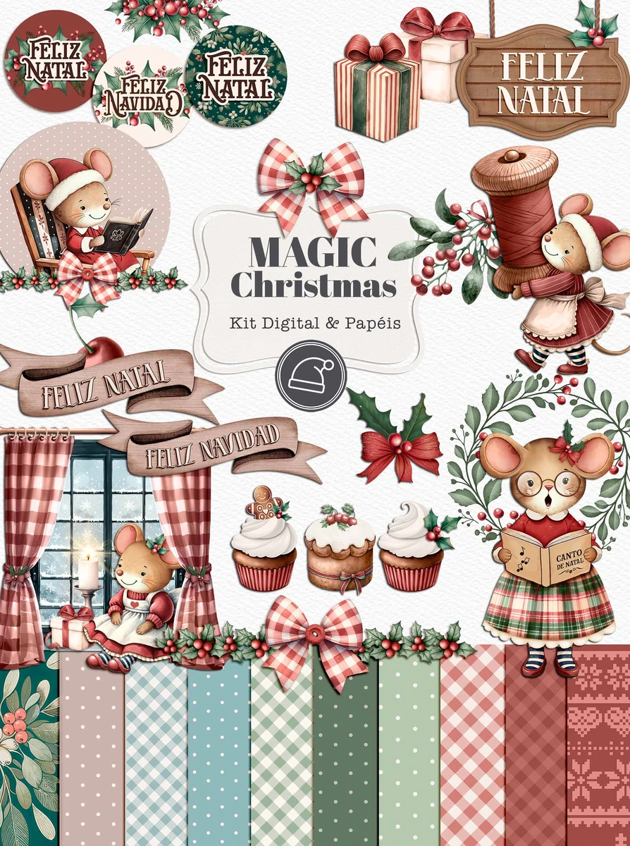 Kit Artes Natalinas Magic Christmas - Alta Qualidade em PNG 1 Coleção de ilustrações digitais com tema natalino contendo camundongos e elementos decorativos de Natal.
