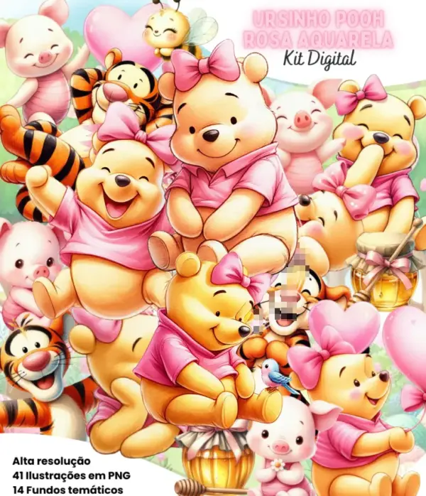 Kit Artesanal Pooh Rosa Aquarela Em Png De Alta Qualidade