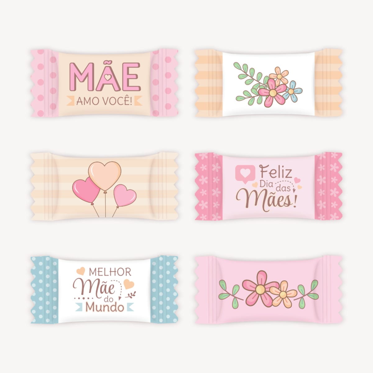 Kit Digital Dia das Mães com Artes Aquarela para Balinhas 2 Arte digital de seis embalagens decoradas para mães, com mensagens e ilustrações.
