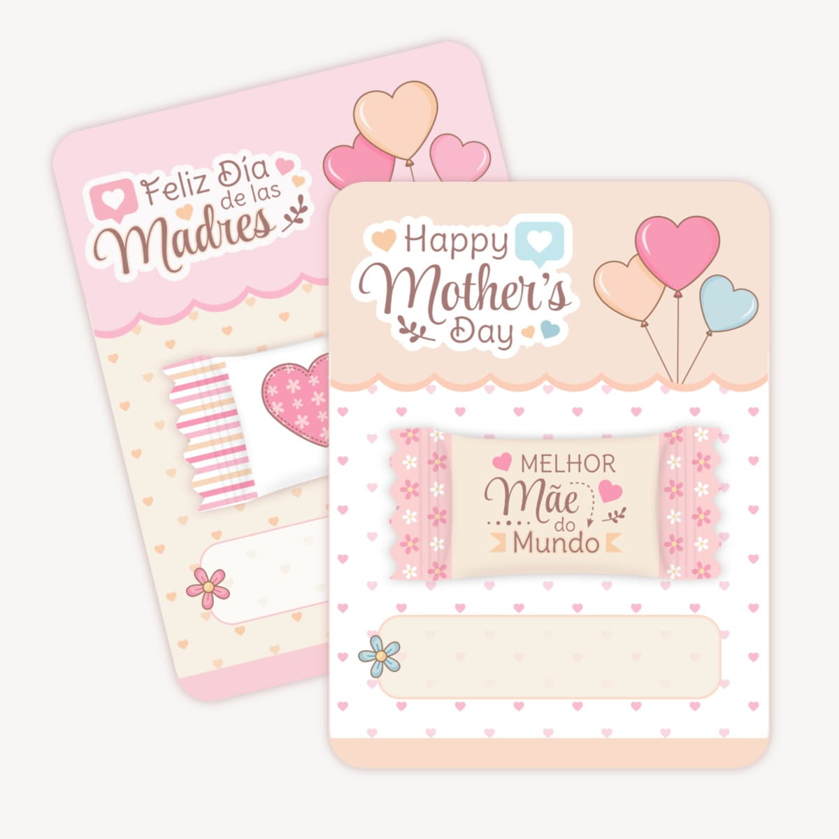 Kit Digital Dia das Mães com Artes Aquarela para Balinhas 3 Arte digital de dois cartões de Dia das Mães com corações e balões.