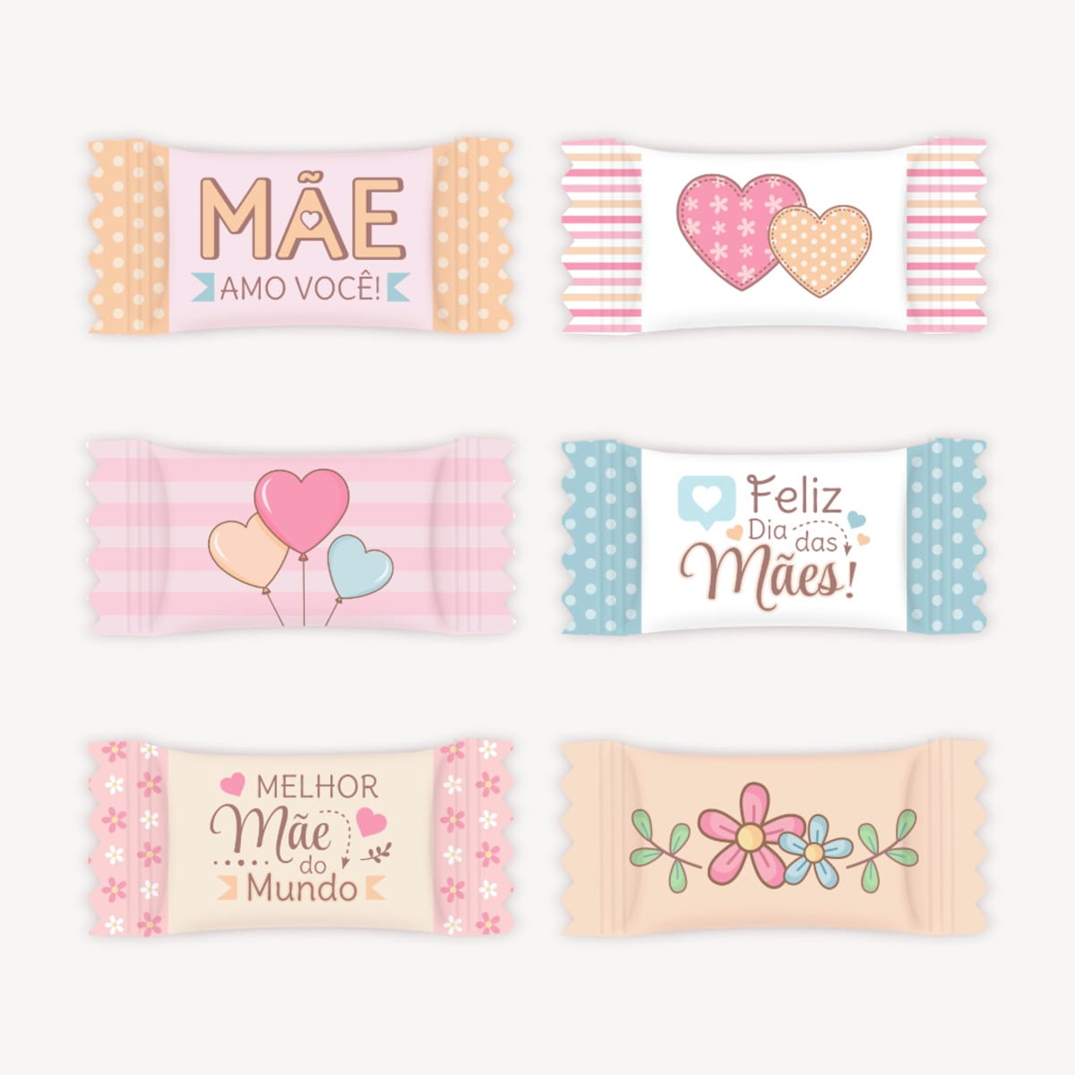 Kit Digital Dia das Mães com Artes Aquarela para Balinhas 4 Seis embalagens digitais de doces com mensagens e ilustrações para o Dia das Mães.