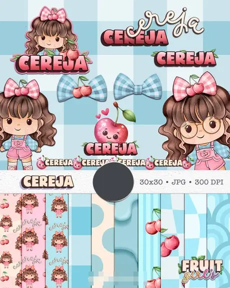 Kit Boneca Chique com Frutas - Cereja Aquarela em PNG 1 Kit Boneca Chique com Frutas - Cereja Aquarela em PNG