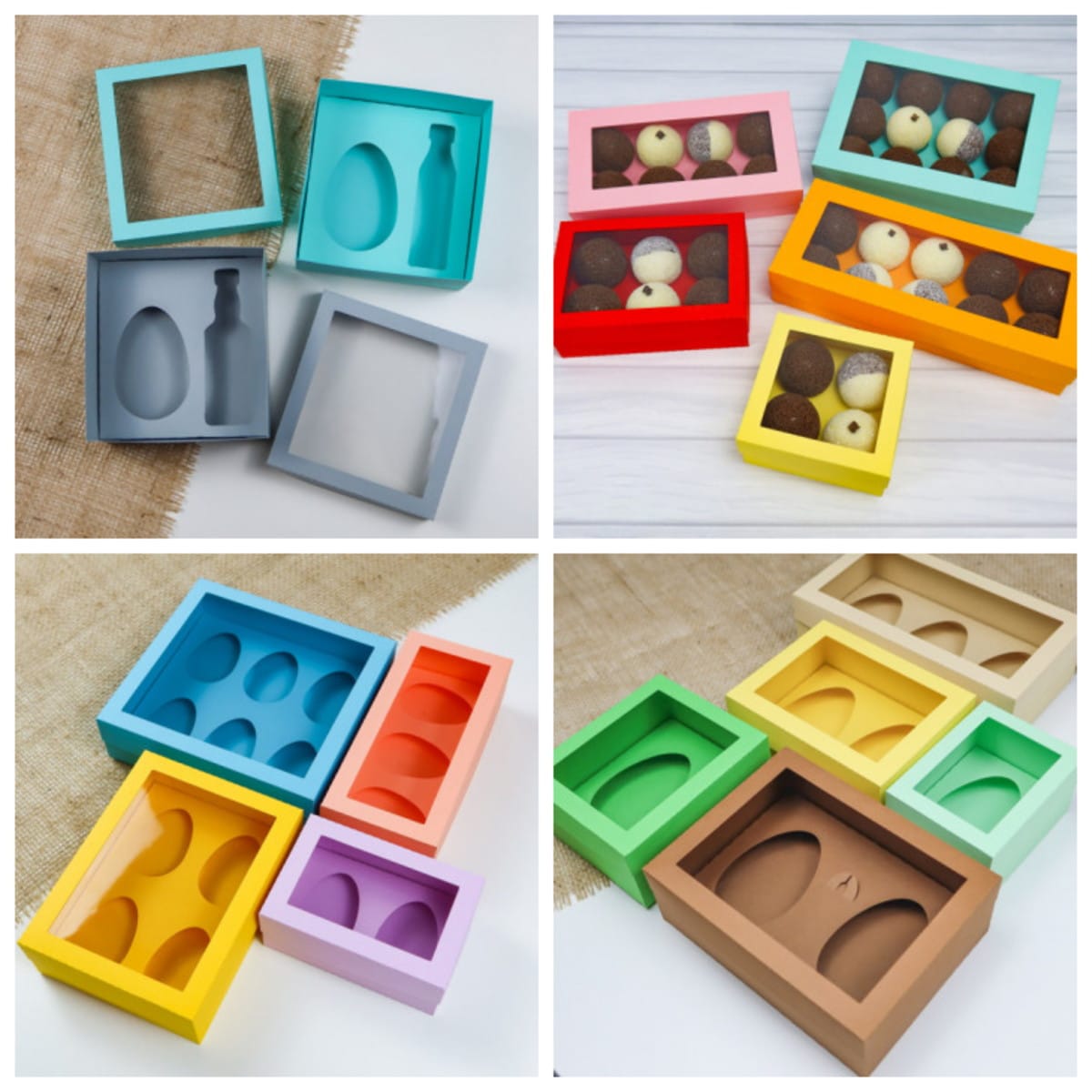 Kit Caixas de Páscoa com Moldes para Ovos e Doces Digital 1 Quatro imagens mostrando caixas coloridas com cavidades internas para doces e ovos.