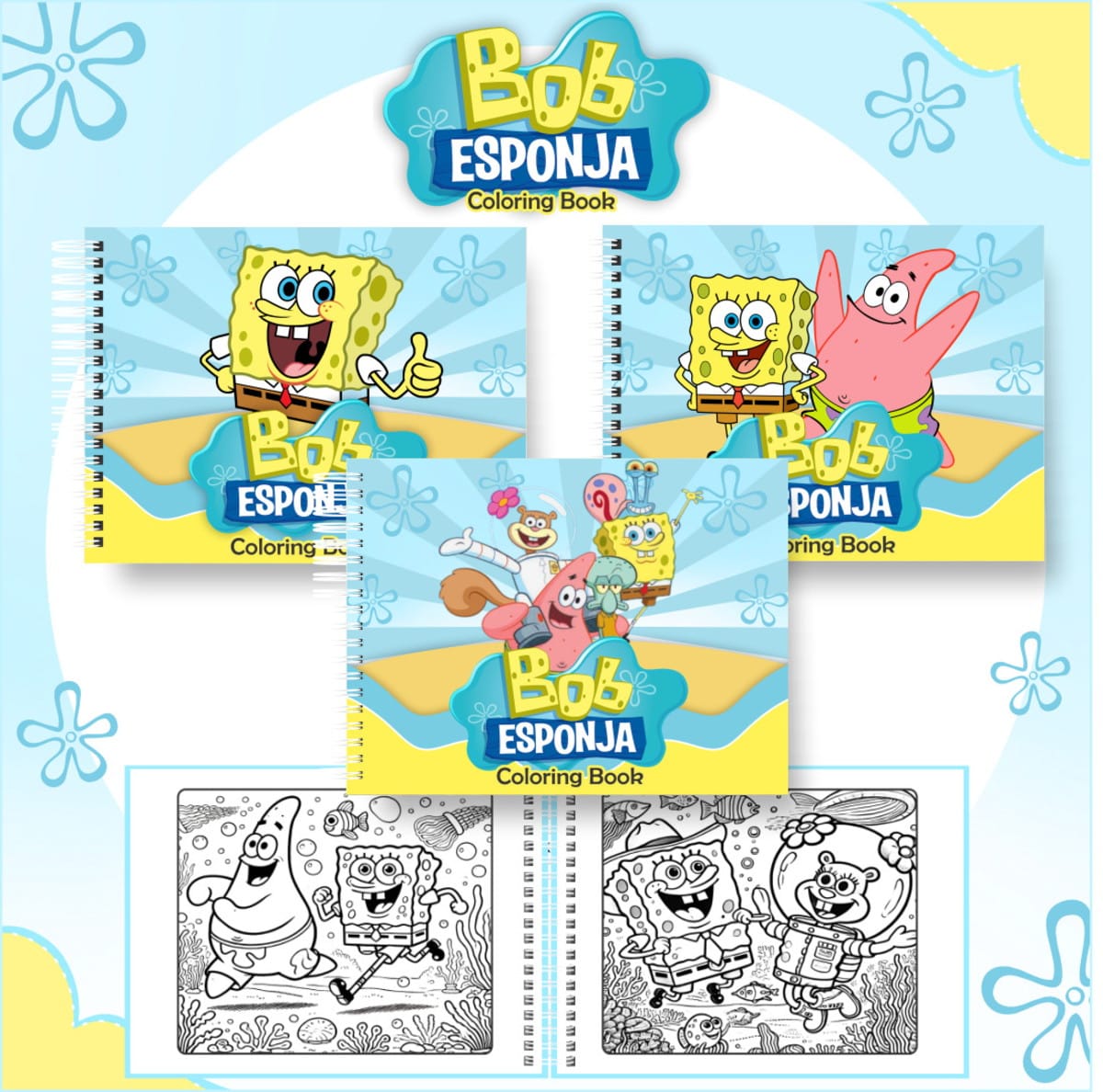 Kit Colorindo Book Bob Esponja para Cadernos Personalizados 1 Arte digital de livros de colorir com capas e páginas de personagens animados.