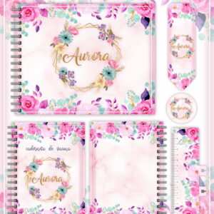 Kit digital de papelaria floral com nome personalizado e design aquarelado em tons de rosa.