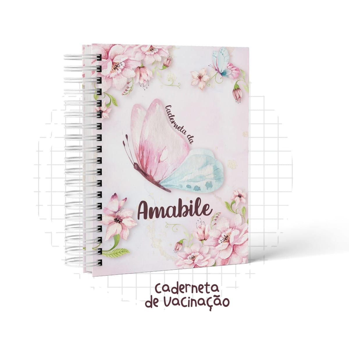 Kit Digital Maternidade Borboleta com Arte Aquarela 3 Caderneta espiral com capa de borboleta e flores. Texto "caderneta de Vacinação".