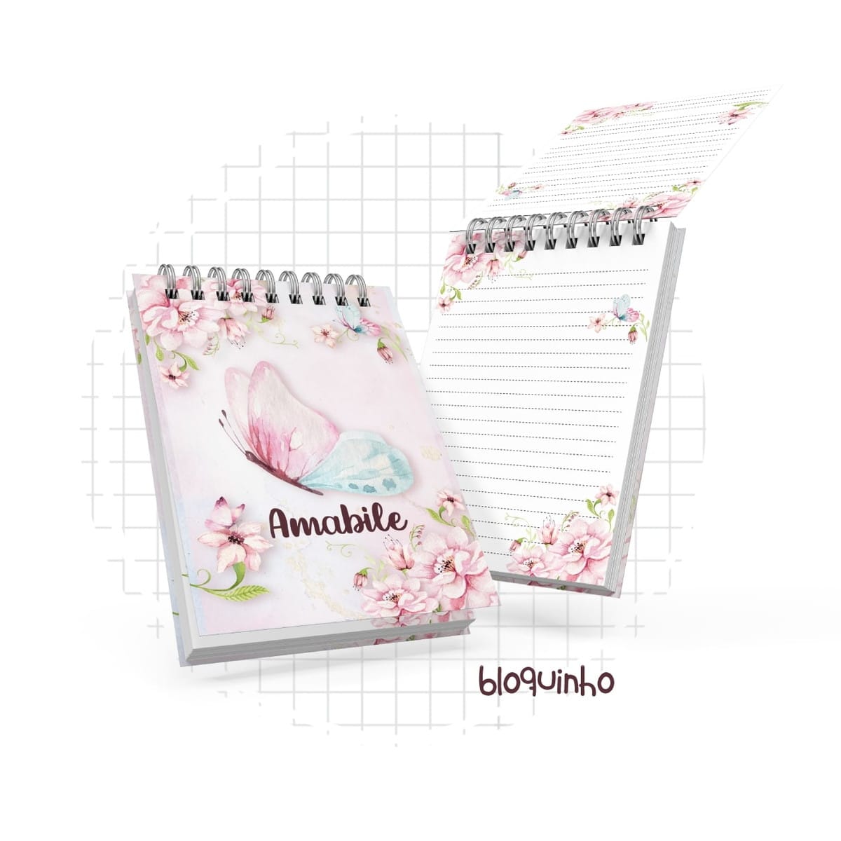 Kit Digital Maternidade Borboleta com Arte Aquarela 4 Arte digital de dois bloquinhos com estampa floral rosa e borboleta azul e rosa.