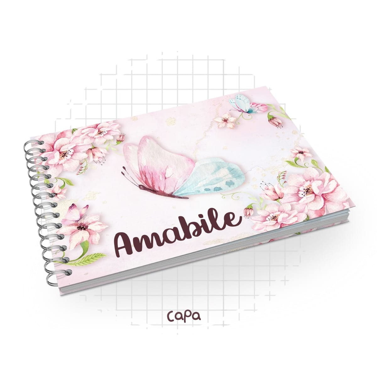 Kit Digital Maternidade Borboleta com Arte Aquarela 1 Arte digital de capa de caderno com borboletas e flores cor-de-rosa.