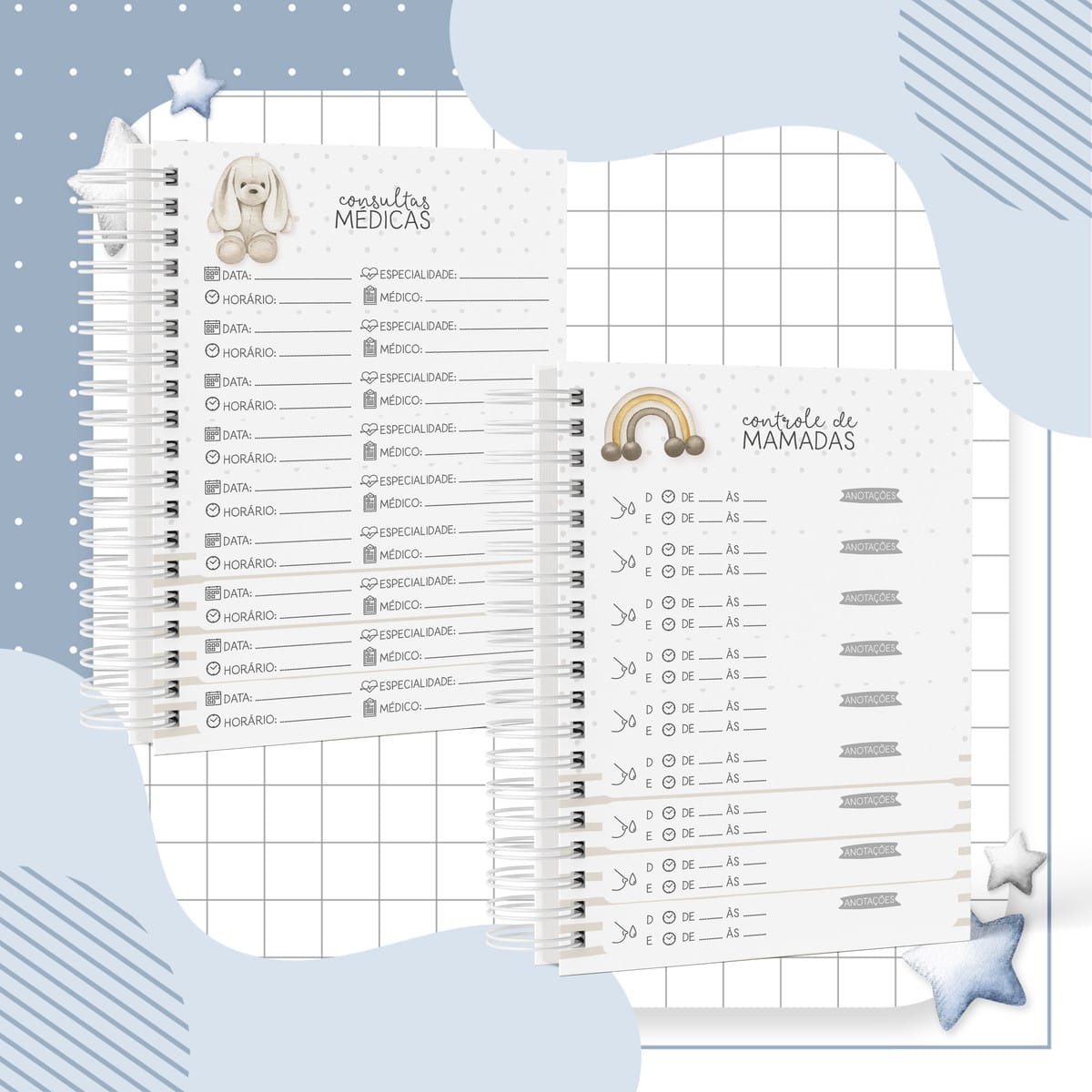 Kit Digital Maternidade Menino com Livro do Bebê em PDF 3 Arte digital de dois cadernos abertos para bebê, um de consultas e outro de mamadas.