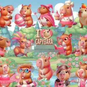Kit Criativo Capivara Rosa PNG para Projetos de Sublimacao