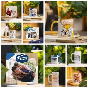 Várias fotos em mosaico exibindo canecas personalizadas e placas decorativas temáticas com mensagens.