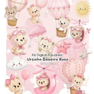 Kit de Design Ursinha com Balões - Aquarela em PNG