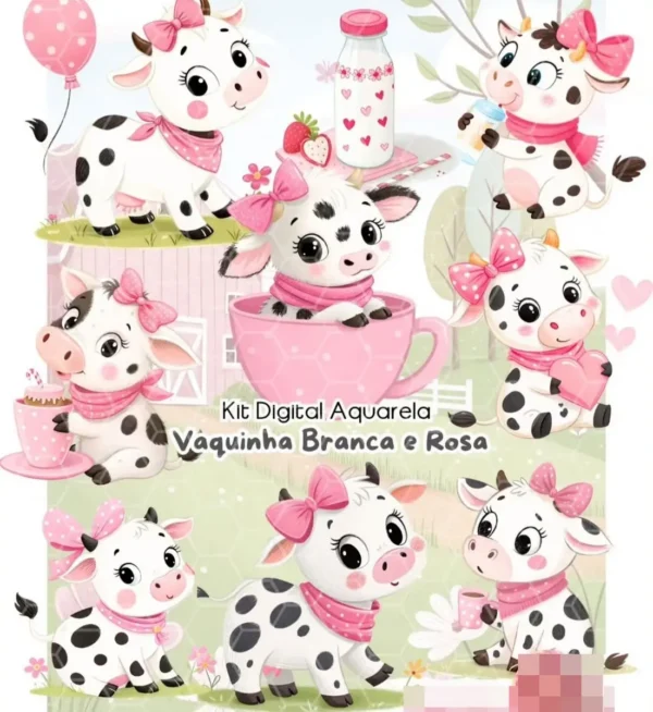 Kit de Estampas de Vaquinha Rosa e Branca para Scrapbooking