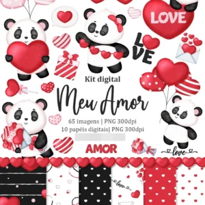 Kit de Scrapbooking Panda Romântico em PNG