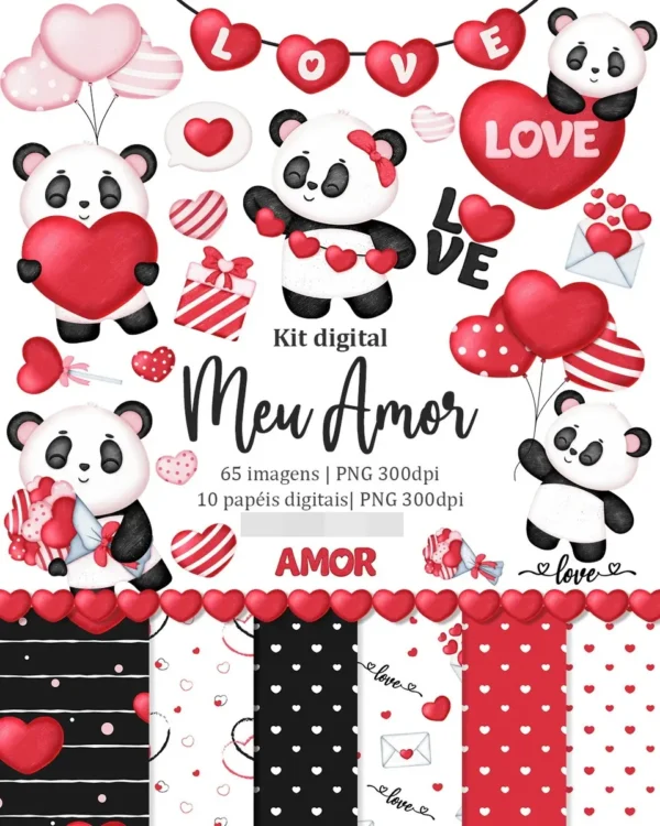 Kit de Scrapbooking Panda Romântico em PNG