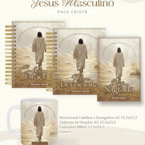 Apresentação visual de itens com temática cristã, incluindo cadernos e uma caneca.