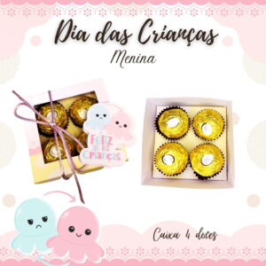 Arte digital com caixas de presente, chocolates e polvos fofos para o Dia das Crianças.