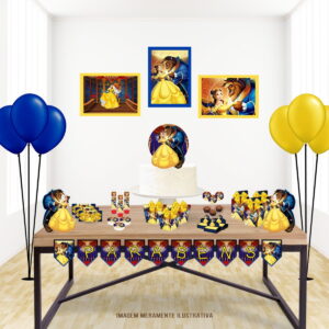 Arte digital de festa temática com balões azuis e amarelos, bolo e decoração de mesa.