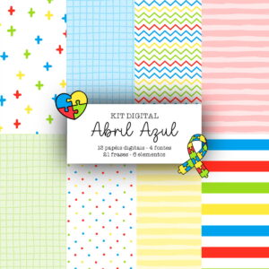 Kit digital Abril Azul com papéis, fontes e elementos de quebra-cabeça coloridos.