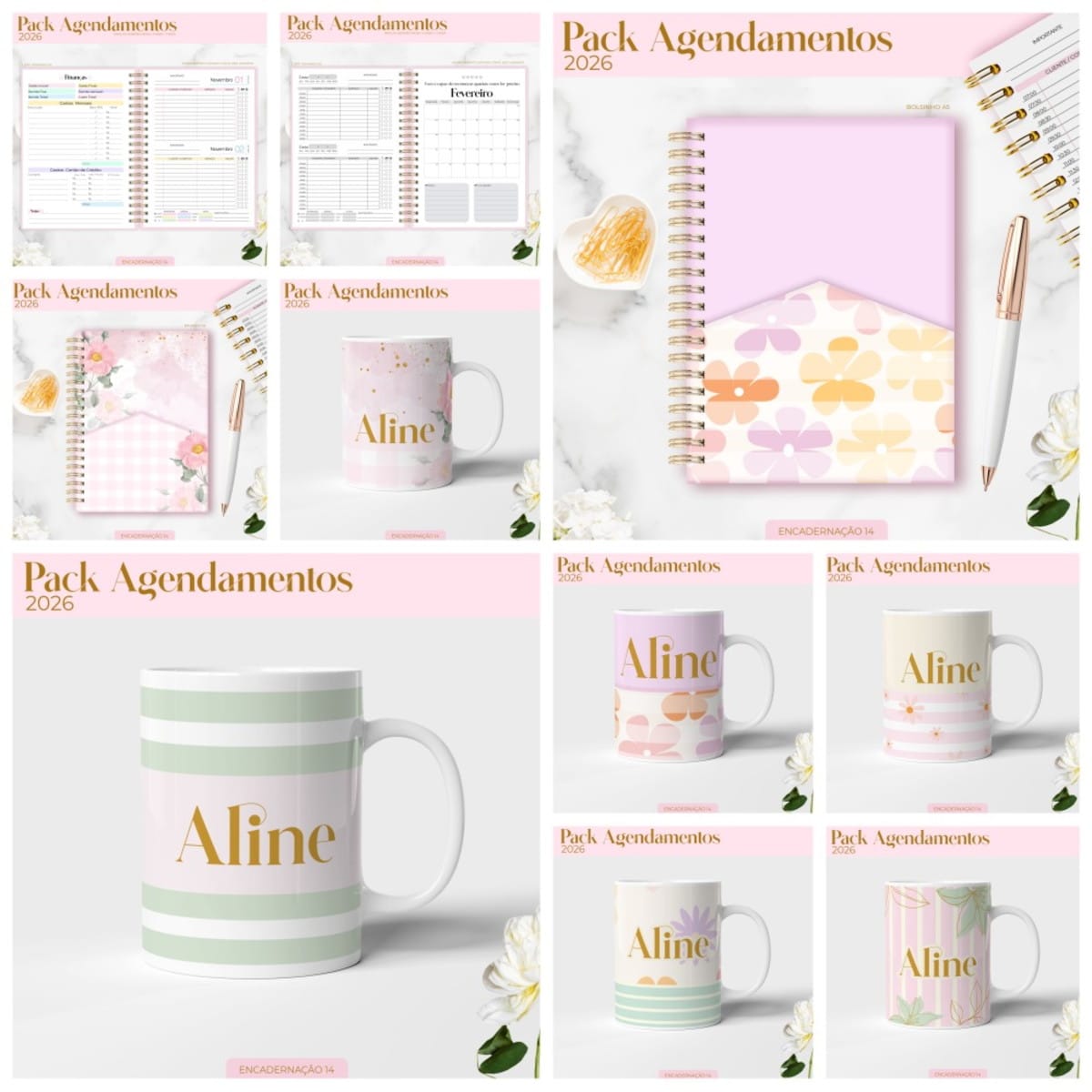 Kit Digital Agenda 2026 para Personalizar e Revender 2 Coleção de mockups exibindo cadernos e canecas personalizadas com elementos florais decorativos