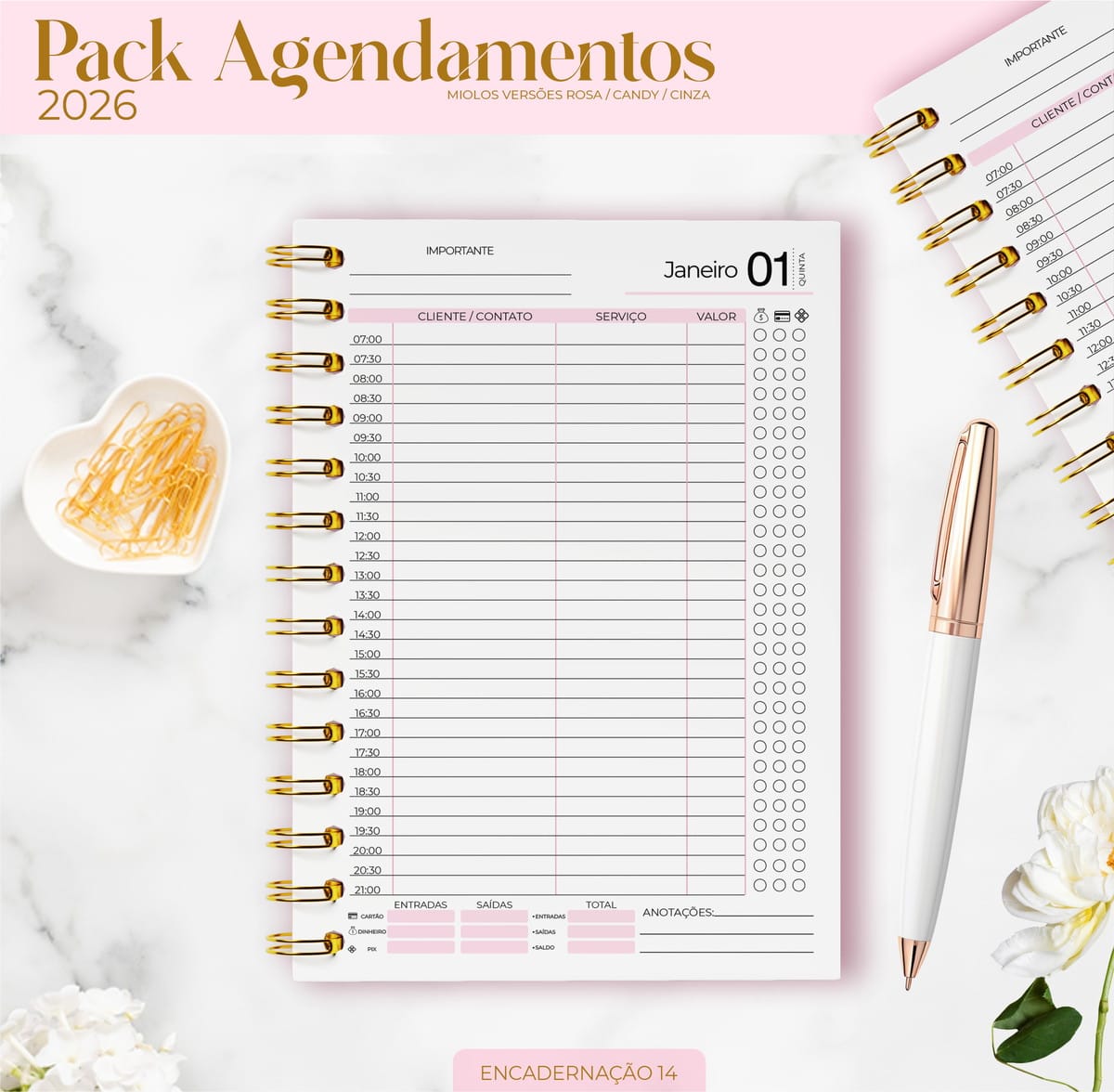 Kit Digital Agenda 2026 para Personalizar e Revender 3 Agenda aberta sobre mesa com caneta e clipes de papel dourados