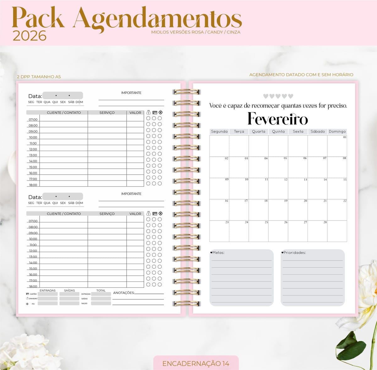 Kit Digital Agenda 2026 para Personalizar e Revender 5 Agenda digital aberta em espiral mostrando páginas de agendamento e calendário mensal de fevereiro.