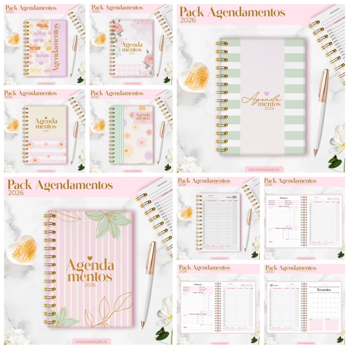 Kit Digital Agenda 2026 para Personalizar e Revender 1 Várias capas e páginas internas de agendas com design floral e lista de horários.