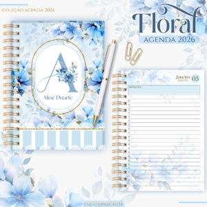 Kit Digital Agenda Feminina 2026 Floral Azul 10 Agenda espiral com estampa de flores azuis, caneta e página de anotações diárias ilustrada.