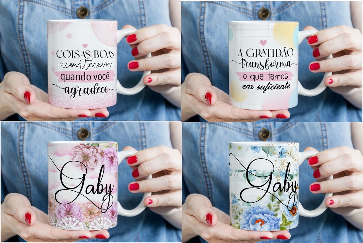 Kit Digital Agenda Gratidão com Miolo A5 e Arte para Caneca 2 Quatro canecas de cerâmica branca com estampas decorativas sendo seguradas por mãos femininas.