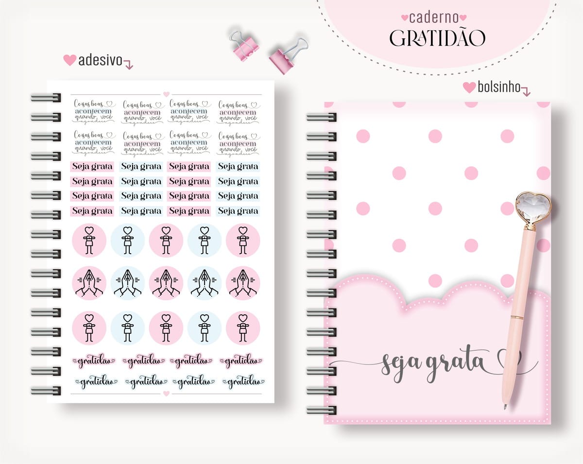 Kit Digital Agenda Gratidão com Miolo A5 e Arte para Caneca 4 Folha de adesivos decorativos e caderno espiral com capa rosa de bolinhas.
