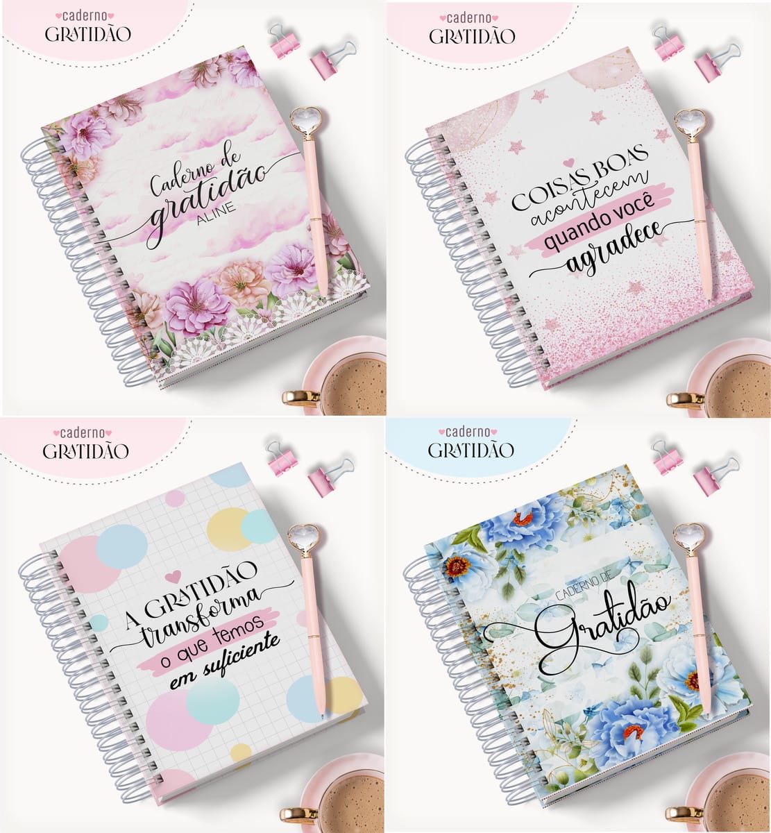 Kit Digital Agenda Gratidão com Miolo A5 e Arte para Caneca 1 Quatro cadernos de espiral com capas decoradas, caneta e xícara de café ao lado.