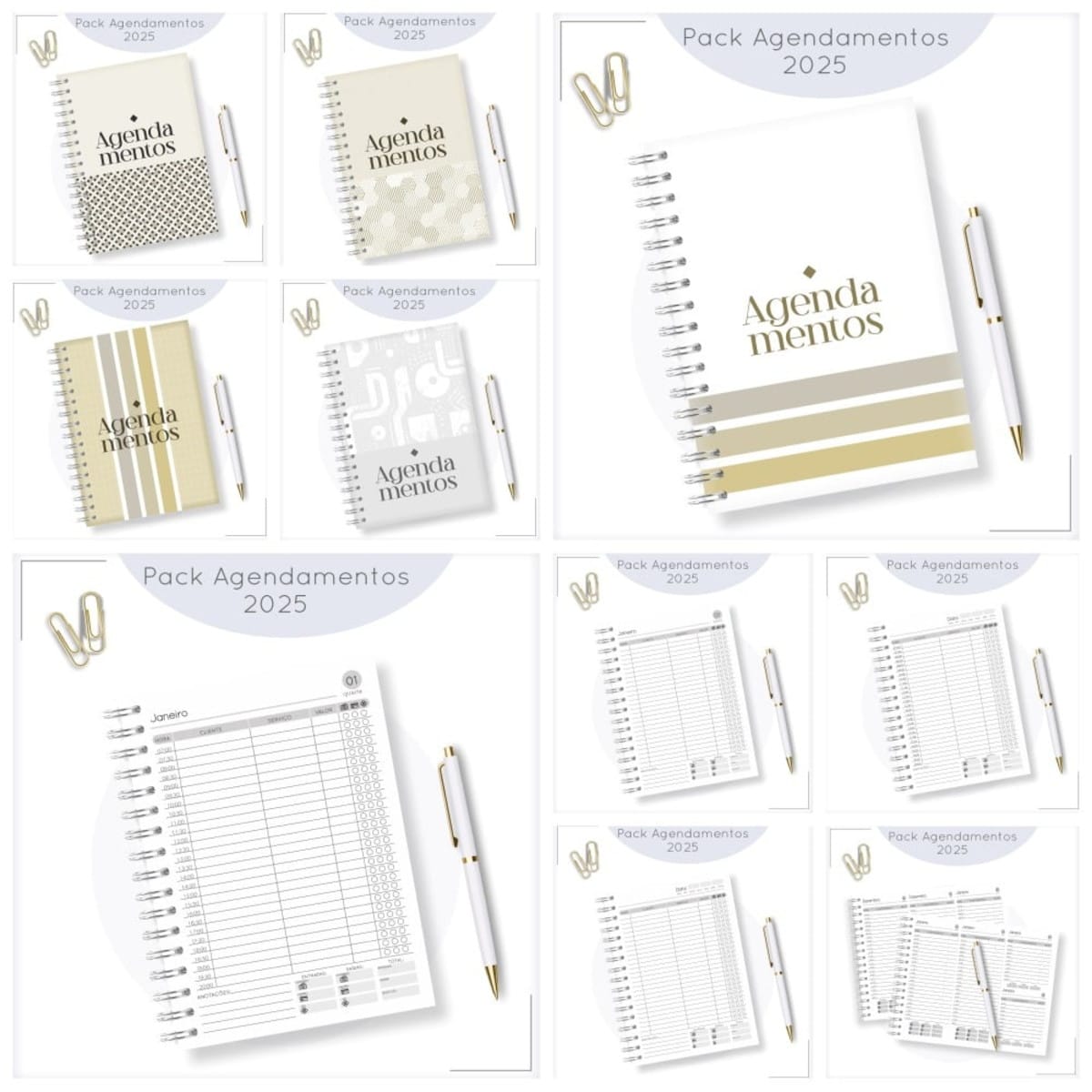 Kit Digital Agenda Masculina 2025 com Capas e Miolos 1 Agendas digitais 2025 com capas variadas e layouts de agendamento diário.