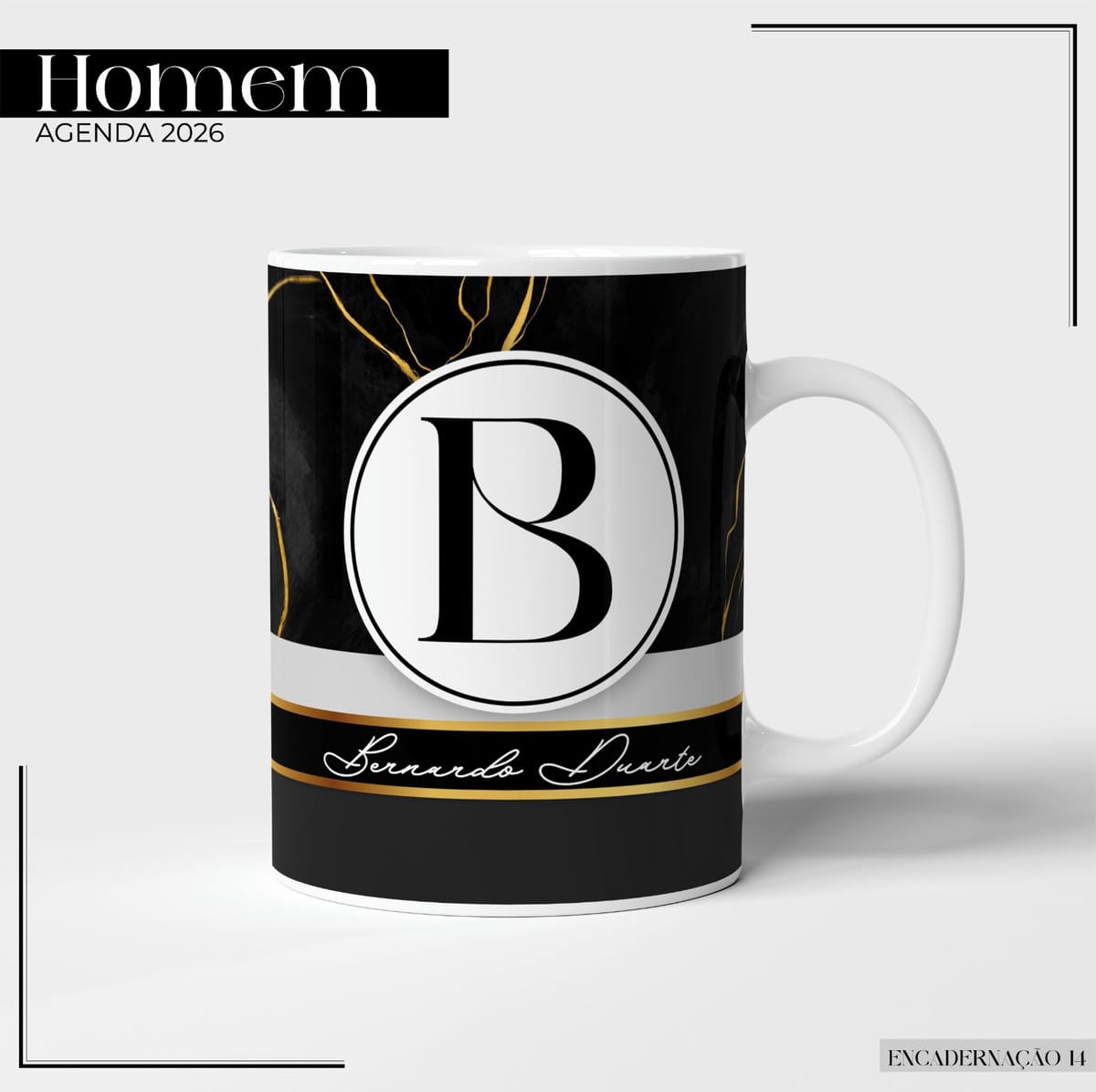 Kit digital Agenda Masculina 2026 Gold Black completo 3 Caneca branca personalizada com estampa preta e dourada e a letra B centralizada