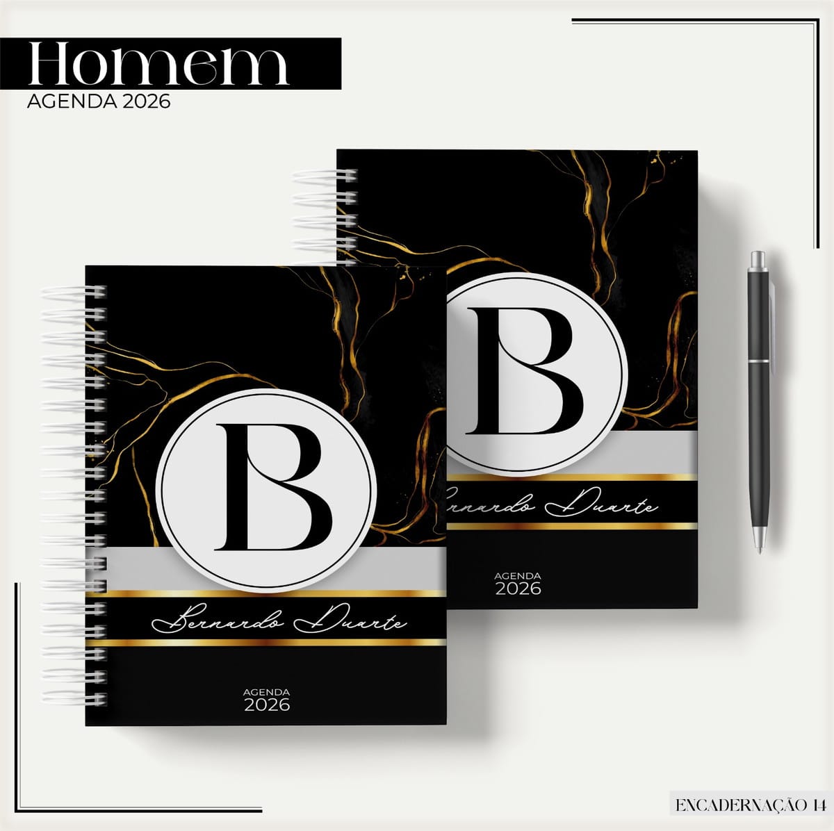 Kit digital Agenda Masculina 2026 Gold Black completo 1 Duas agendas pretas com detalhes dourados e a letra B em destaque.