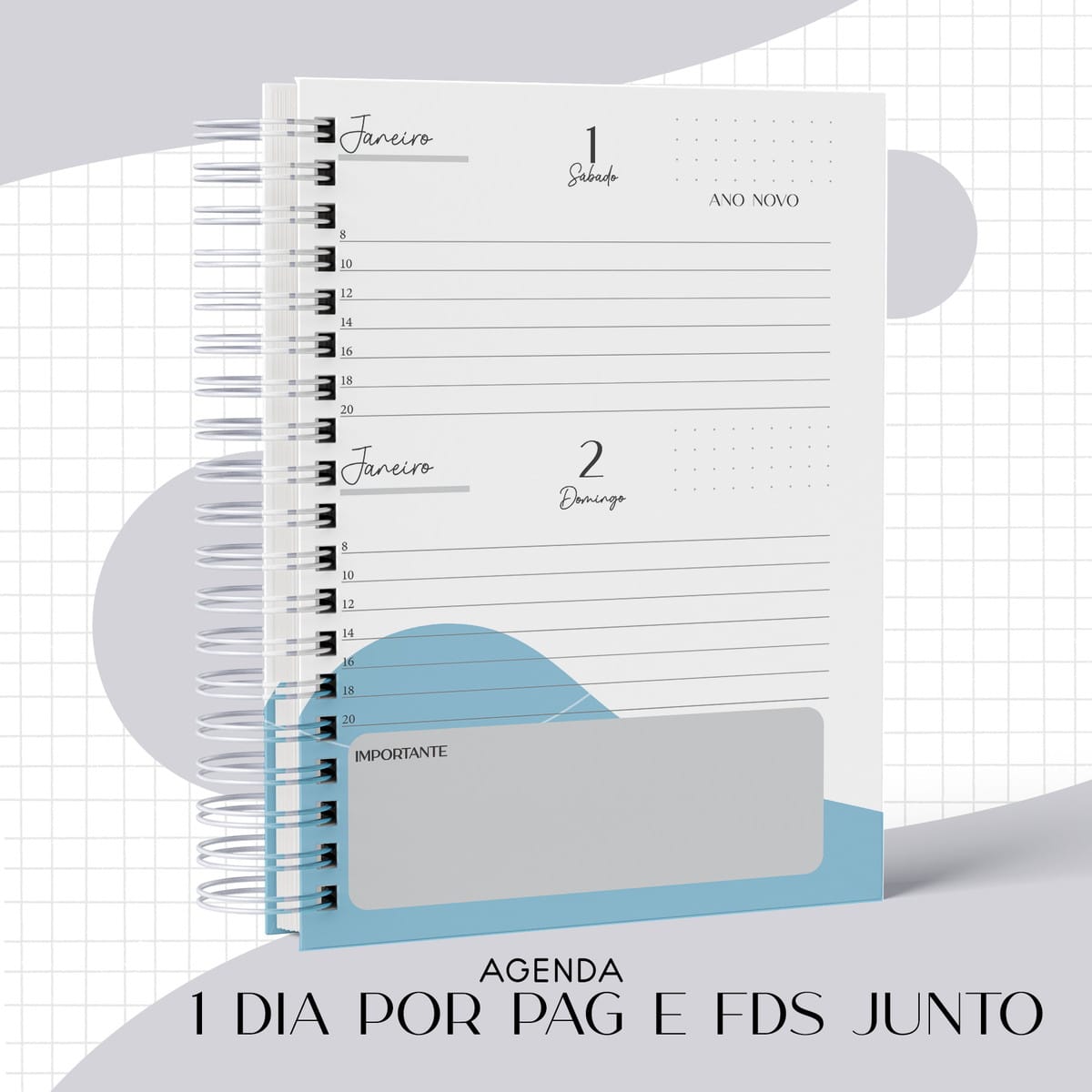 Kit Digital Agenda Masculina Fisioterapia 2022 2 Agenda com espiral metálica aberta mostrando as páginas de janeiro.