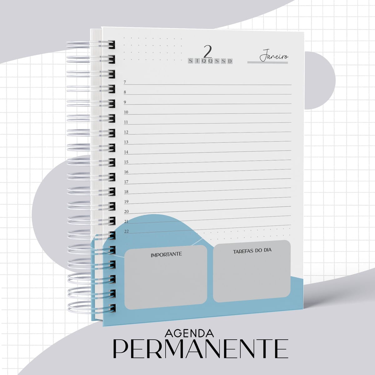 Kit Digital Agenda Masculina Fisioterapia 2022 3 Agenda permanente aberta mostrando uma página com planejamento diário e horário.