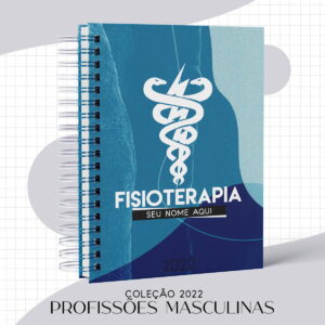 Capa de caderno azul com símbolo médico branco e texto de fisioterapia.
