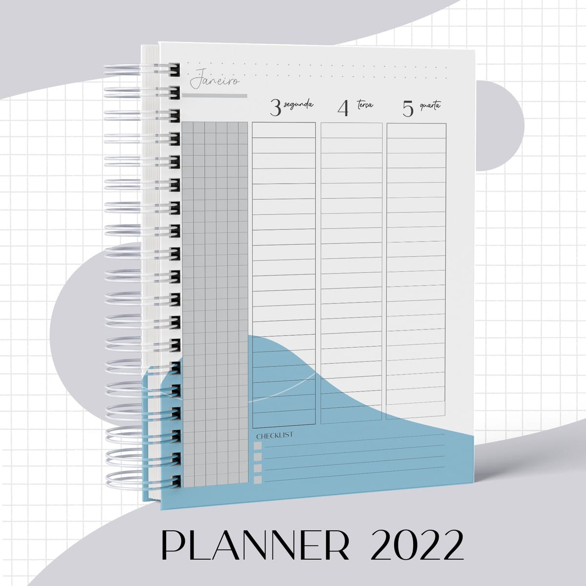 Kit Digital Agenda Masculina Fisioterapia 2022 4 Agenda espiral aberta mostrando páginas de planejamento semanal com colunas e linhas.